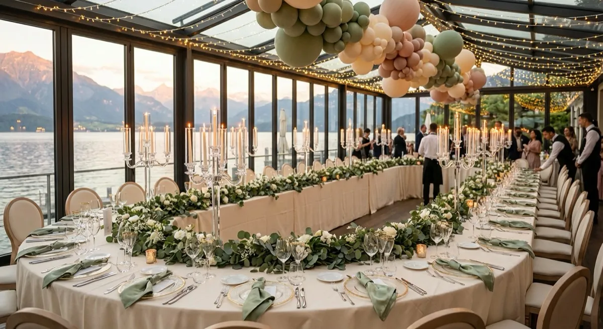 Luxuriöse Hochzeitsdekoration mit Sage Green und Gold in einem Schweizer Seehotel